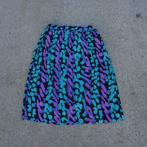 Abstract Blue Purple Midi Skirt Size 14 Elastic Waist Bold Retro Print 80s 90s